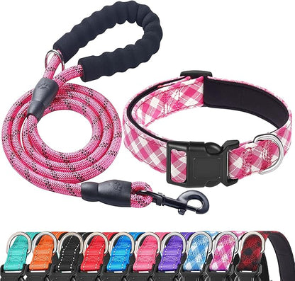 Ladoogo Reflective Dog Collar Padded with Soft Neoprene Breathable Adjustable Nylon Dog Collars for Small Medium Large Dogs (Small (Pack of 1), Pink Plaid Collar+Leash)