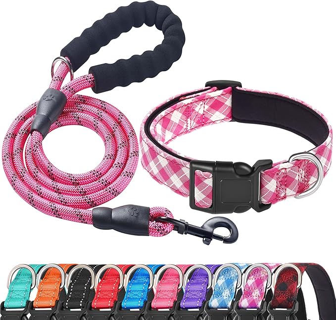 Ladoogo Reflective Dog Collar Padded with Soft Neoprene Breathable Adjustable Nylon Dog Collars for Small Medium Large Dogs (Large (Pack of 1), Pink Plaid Collar+Leash)
