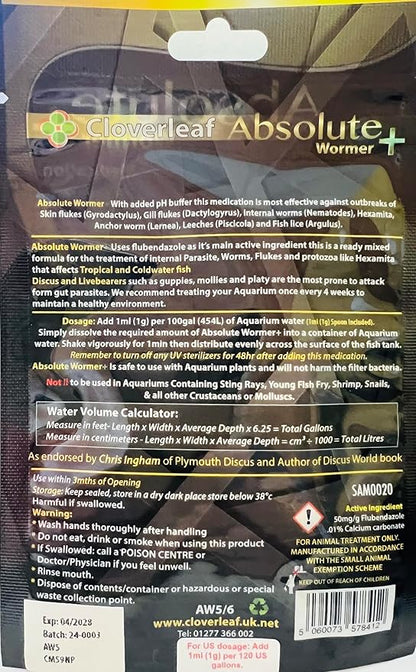 Absolute Wormer Plus (5g) Fish wormer Powder, Rapidly Reduces Gut Parasite Burden. Aquarium Anti-wormer. Effective Against flukes, Worms, parasites, and Fish lice. Internal and External parasites