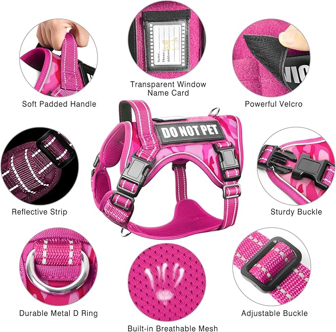Tactical Service Dog Vest and Leash Set,Heavy Duty No Pull Dog Harness and 10 Patches with Dog Seat Belt for Large Dogs,Reflective Pet Harness for Training Walking Hiking Camo Pink XL