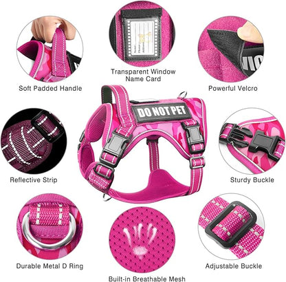 Tactical Service Dog Vest and Leash Set,Heavy Duty No Pull Dog Harness and 10 Patches with Dog Seat Belt for Large Dogs,Reflective Pet Harness for Training Walking Hiking Camo Pink XL