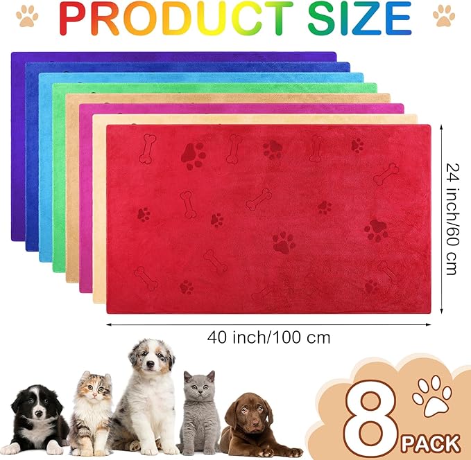 Chumia 8 Pcs Dog Towels for Drying Dogs Cats Pet Towels Bulk Puppy Microfiber Fast Drying Paw Bath Bathing Supplies Absorbent for Medium Pets(40 x 24 Inch,Dog Paw and Bone,Bright Color)