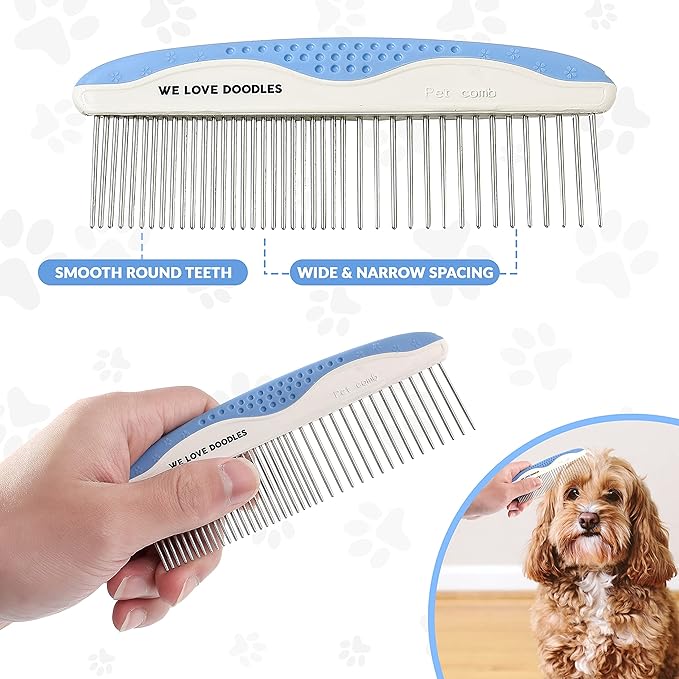 Metal Dog Grooming Comb | Removes Tangles & Matts | Dematting Pet Combs | Detangler for Matted Hair | Best Comb for Poodles, Goldendoodles, Doodles & Long Haired Dogs (Small) [We Love Doodles]