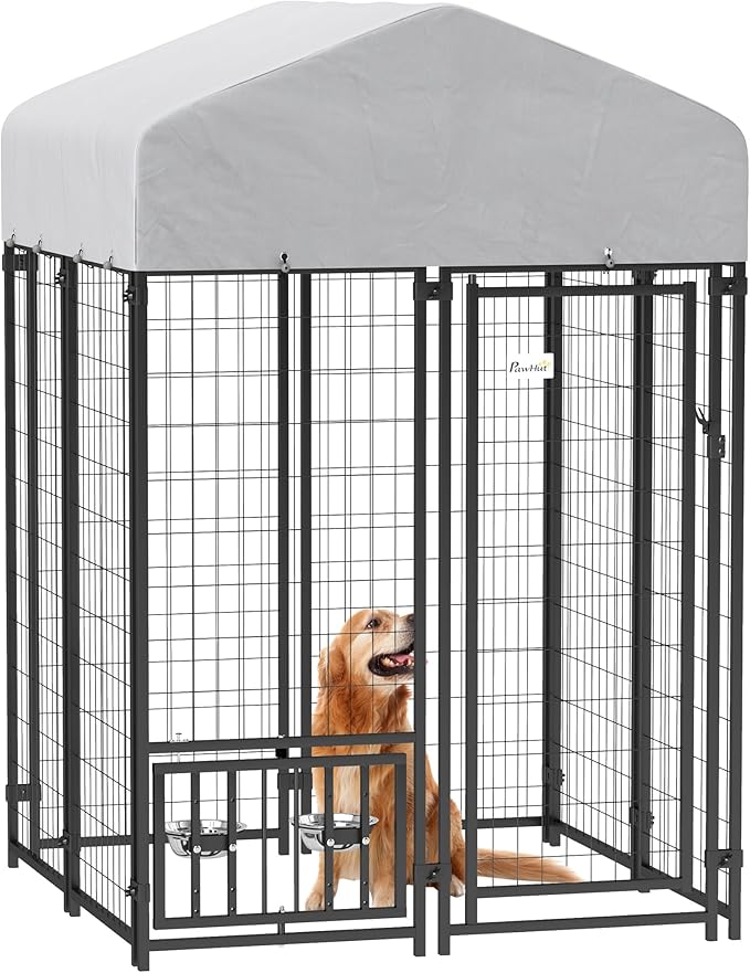 PawHut 4' x 4' x 6' Outdoor Dog Kennel, Welded Wire Dog Kennel Outside Run with 360° Rotating & 4 Level Adjustable Bowls, Waterproof & UV Resistant Cover, for S&M Breeds, Chickens, Ducks, Silver