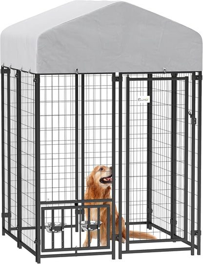 PawHut 4' x 4' x 6' Outdoor Dog Kennel, Welded Wire Dog Kennel Outside Run with 360° Rotating & 4 Level Adjustable Bowls, Waterproof & UV Resistant Cover, for S&M Breeds, Chickens, Ducks, Silver