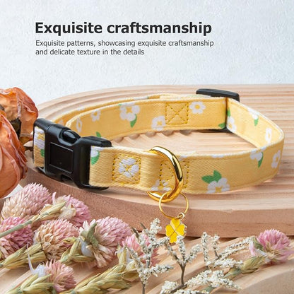 Cotton Handmade Dog Collar Cute and Distinctive Patterns Yellow Flower with Pendant for Girl Boy Dogs Collars L