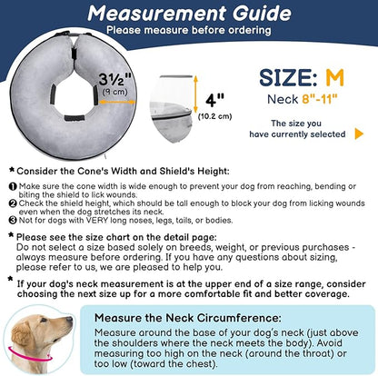 BARKLESS Inflatable Dog Cone, Protective Dog Surgery Collar to Stop Licking Biting Wounds, Patented Soft Donut Cone with Clear Shield, Adjustable Blow-up Collar for Surgery (Grey, M (Neck: 8"-11"))