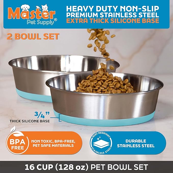 Master Pet Supply Stainless Steel Dog Bowls Set of 2 with Extra Thick Silicone Base - 16 Cup (128 oz) Aqua Sky, Non-Slip, Dishwasher Safe Metal Bowls, Pet Dog Food Bowl for Dogs, Cats, Anti Rust