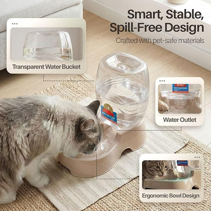 Flexzion Automatic Gravity Pet Waterer for Cat & Dog - Non-Skid & Easy-Clean Auto Replenish Water Dispenser Drinking Bowl (1/4 Gallon/ 900ml), Beige