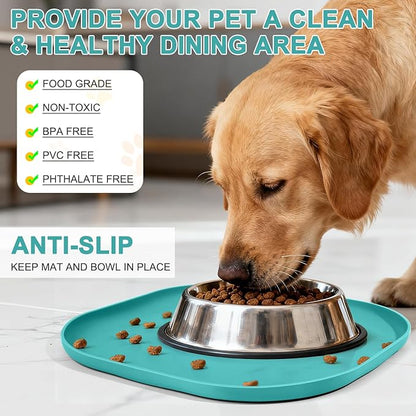 SMILOOL Small Silicone Pet Food Mat with Raised Edge for Food and Water Bowl, Square Dog Feeding Mats, Cat Food Trays for Floor Waterproof, Rubber Tray for Dogs and Cats, 12 x 12 x 0.7 Dark Turquoise
