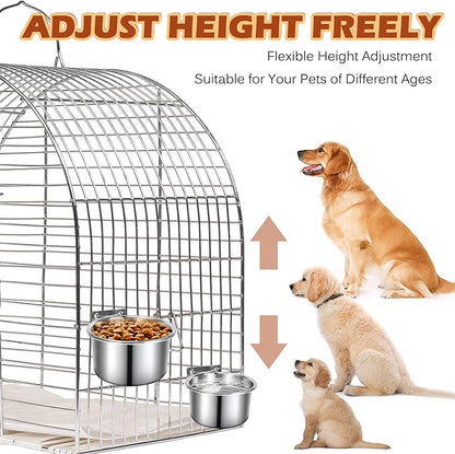 Crate Food and Water Bowl, ShineMe 2 Pack Stainless Steel Hanging Pet Bowls for Crates Kennels Cages, Metal Dog Crate Bowls Hanging No Spill for Medium and Large Pets (7.1 * 3.5” & 5.5 * 3.2”)