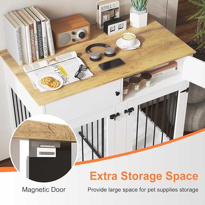 Large Dog Crate Furniture, 41 Inch Dog Kennel Indoor with Removable Divider & Double Doors, Wooden Dog Crates for 2 Dogs, Dog Crate Table for Large/Medium Dogs, White