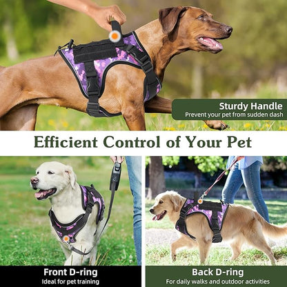 VavoPaw Heavy Duty Tactical Dog Harness for Large Dogs, No Pull Adjustable Pet Harness Reflective Service Training Easy Control Pet Vest Military K9 Working Dog Harnesses, Purple Camouflage, XL