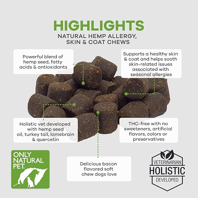Only Natural Pet Allergy, Skin & Coat Hemp Soft Chews - Allergy Immune Bites for Dogs, Omega 3 Supplement, Calming Treats for Itchy Skin Relief, Hot Spot - (60 Count) (AL.)
