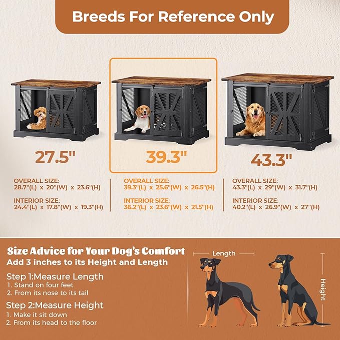 VOPEAK 40" Farmhouse Dog Crate Furniture, Heavy Duty Dog Cage for Medium Large Dogs, Wood Dog Crate Dog Kennel Indoor with Double Doors, Chew Resistant End Table for Bedroom Living Room, Black