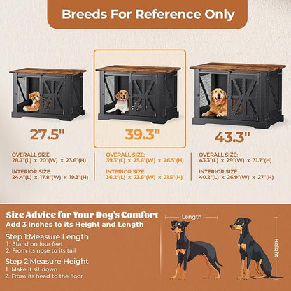 VOPEAK 40" Farmhouse Dog Crate Furniture, Heavy Duty Dog Cage for Medium Large Dogs, Wood Dog Crate Dog Kennel Indoor with Double Doors, Chew Resistant End Table for Bedroom Living Room, Black