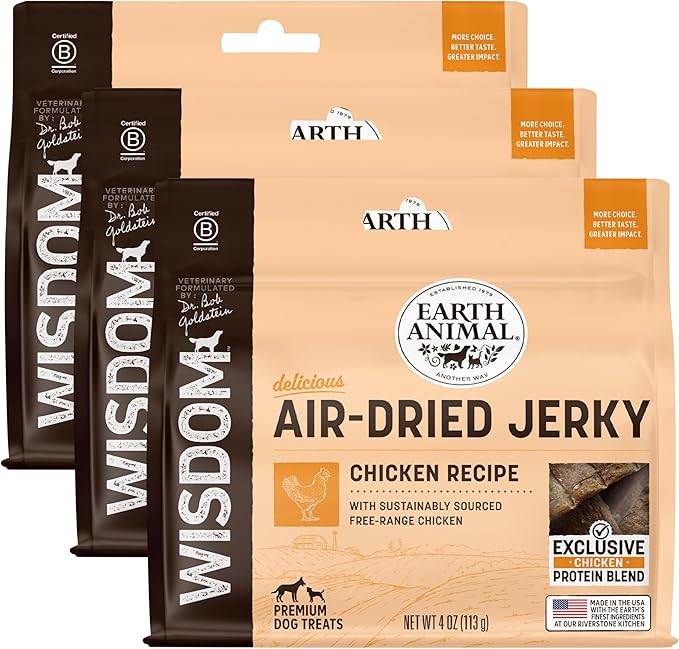 Earth Animal Wisdom Air Dried Jerky - Chicken Recipe Premium Natural Jerky Strips Dog Treats - 3 Pack 4 oz Bag