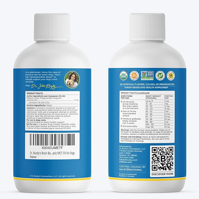 Dr. Buzby’s Brain Boost Organic MCT Oil for Dogs, 16 Oz Human Grade MCTs C8, C10, Senior Dog Dementia, Made from Pure Organic Coconut Oil, Medium Chain Triglyceride Liquid Dog Supplement