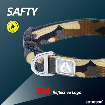 Soft Padded Dog Collar, Neck 16’’-25’’Adjustable Heavy Duty Collar with 3M Reflective Logo for Medium, Large Dogs, Camo Green, L