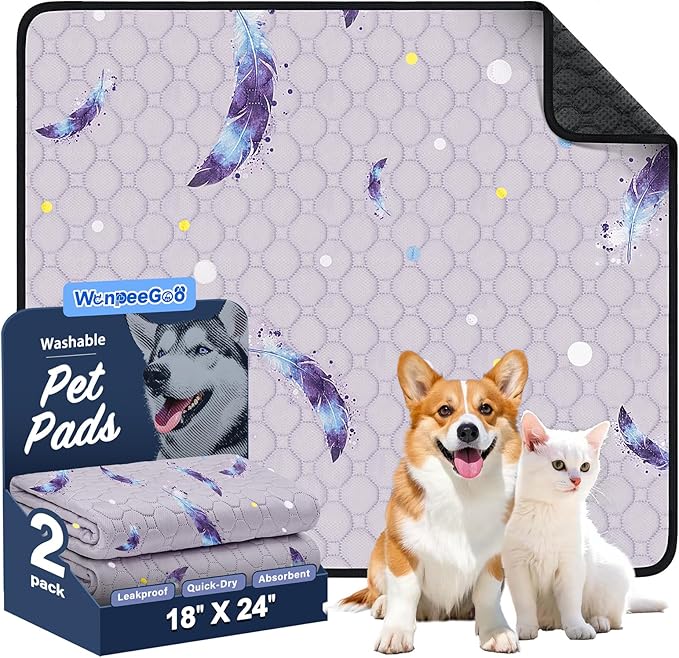 WanpeeGoo Washable Pee Pads for Dogs, 2Pack Reusable Puppy Pads, Super Absorbent & Leakproof Dog Pads, Anti-Slip Dog Pee Pads for Puppy Training & Incontinence, Feather Pattern 18"x24"