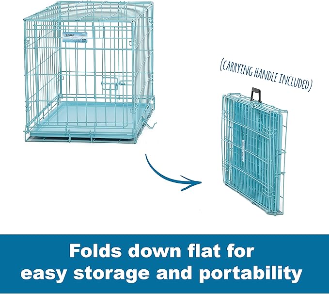 MidWest Homes for Pets 24-Inch Blue Fashion iCrate for Small Breeds, 12-20 lbs, Single Door Folding Dog Crate with Divider Panel, Leak-Proof Tray & Secure Latch, Portable, Durable & Easy to Assemble