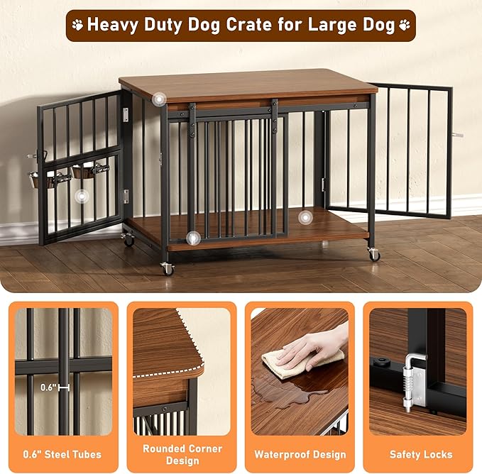 Cofiyard Dog Crate Furniture, 32’’ Wooden Dog Kennel Indoor with Sliding Front Door, Multi-Side Openings & Feeding Window Pet Cage House as TV Stand, End Table for Medium Dogs
