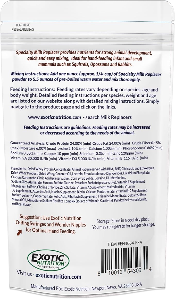 Milk Replacer - Healthy Powdered Formula Ideal for Baby Squirrels, Rabbits, Opossums, Raccoons | 100% Instantized for Mixing Digestible Proteins | 8.8oz (Specialty Milk Replacer 8.8 oz.)