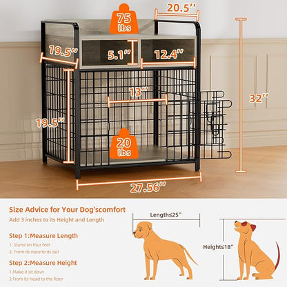 Kepptory Small Dog Crate Furniture with Drawers Storage, Puppy Dog Kennel Indoor with Double Doors, Heavy Duty Wooden Dog Cage Table, Sturdy Metal, Gray