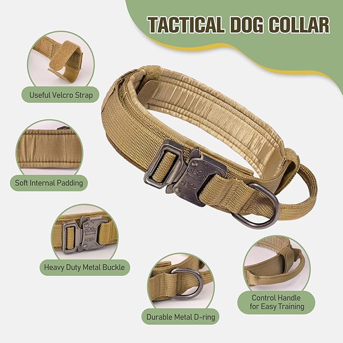 Tactical Dog Harness for Large Dog, Dog Collar and Bungee Leash Set No-Pull Military Dog Harness - Walking Training Gear for Large Dogs, Adjustable for Medium,Chest 21.5"-45", Khaki