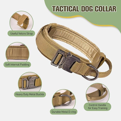 Tactical Dog Harness for Large Dog, Dog Collar and Bungee Leash Set No-Pull Military Dog Harness - Walking Training Gear for Large Dogs, Adjustable for Medium,Chest 21.5"-45", Khaki