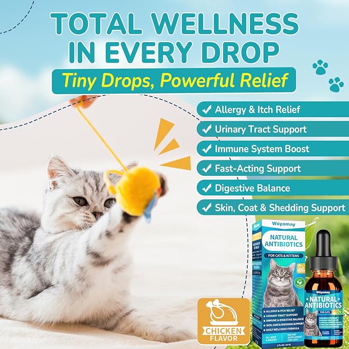Woyamay Antibiotics for Cats, Natural Antibiotic for Allergy Relief, Urinary Tract Health, Itch Relief & Digestion Care, Cat Allergy Relief for Cats, Cat Immune Support Supplement, 2 Fl Oz
