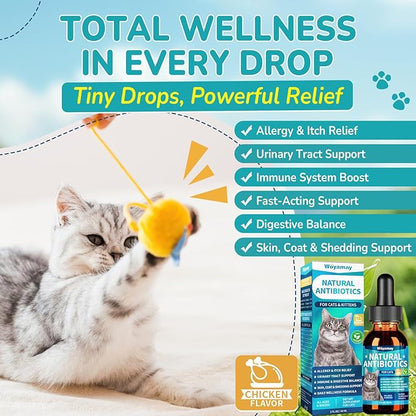 Woyamay Antibiotics for Cats, Natural Antibiotic for Allergy Relief, Urinary Tract Health, Itch Relief & Digestion Care, Cat Allergy Relief for Cats, Cat Immune Support Supplement, 2 Fl Oz