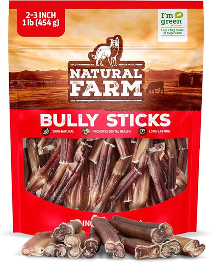 Natural Farm Odor Free Bully Sticks (2-3 Inch, 1 Pound) for Small & Medium Dogs - 100% Beef Chews for Pups, Non-GMO, Grain-Free, Fully Digestible Long Lasting Dog Treats