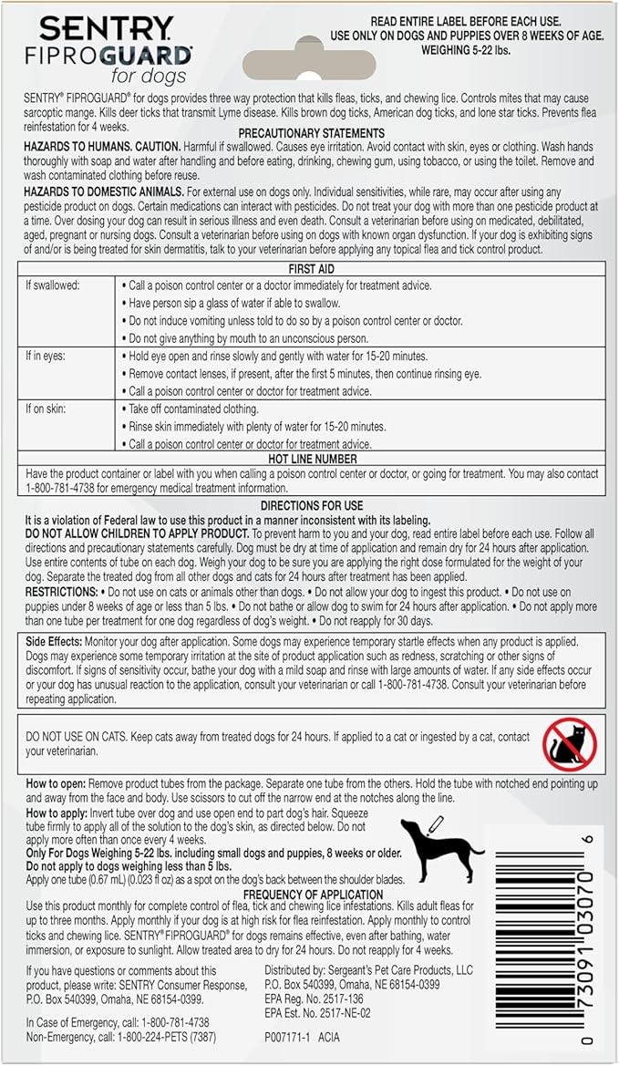 SENTRY PET CARE SENTRY Fiproguard for Dogs, Flea and Tick Prevention for Dogs (5-22 Pounds), Includes 6 Month Supply of Topical Flea Treatments