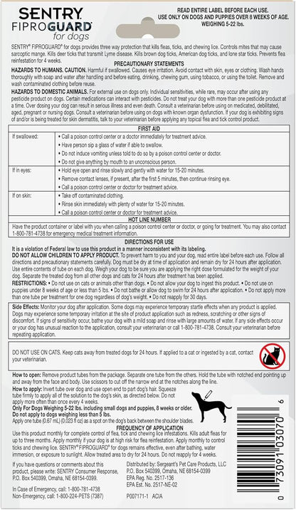 SENTRY PET CARE SENTRY Fiproguard for Dogs, Flea and Tick Prevention for Dogs (5-22 Pounds), Includes 6 Month Supply of Topical Flea Treatments