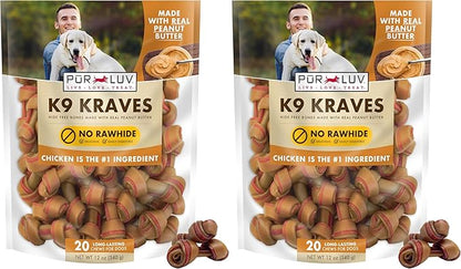 Pur Luv K9 Kraves Rawhide Free Bone Dog Treats, Peanut Butter Flavor, Made with Real Peanut Butter and Chicken, Healthy,Easily Digestible,Long Lasting, and High Protein Dog Treat, 20 Count (Pack of 2)