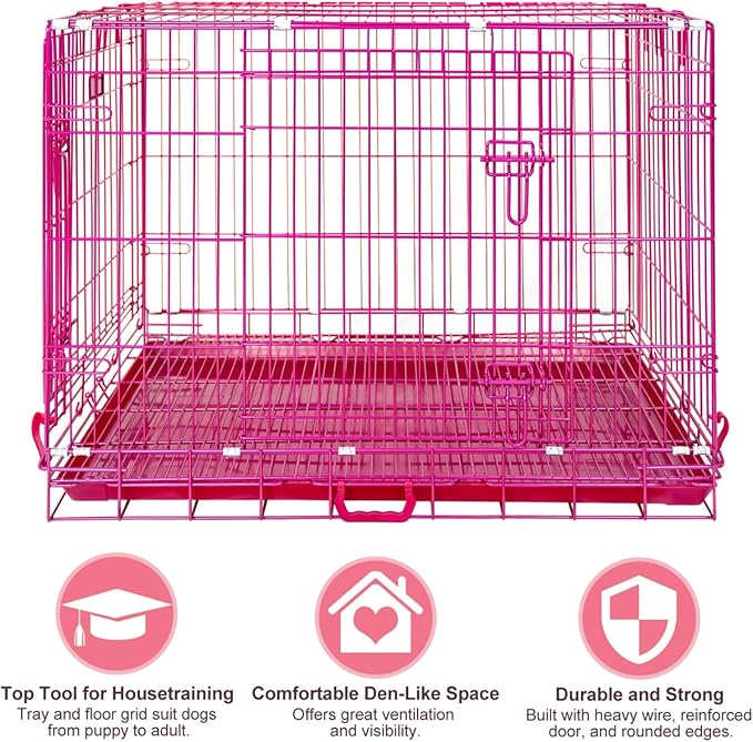 HOMEY PET 36 Inch Dog Crate, Cute Pink Dog Cage Collapsible Medium Dog Kennel Indoor, Nano-Coated Metal Wire Dog Crate with Removable Floor Grid Tray, Double Doors Dual Locks, Portable Handle