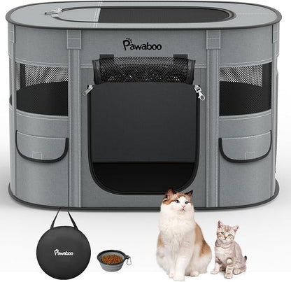 Dog Playpen, Portable Pet Cat PlayPen, 600D Oxford Dog Kennel Tent Crate, Waterproof&Breathable, Indoor Outdoor Travel Camping for Medium/Large Breed with Carrying Case+Bowl(L), Charcoal Gray