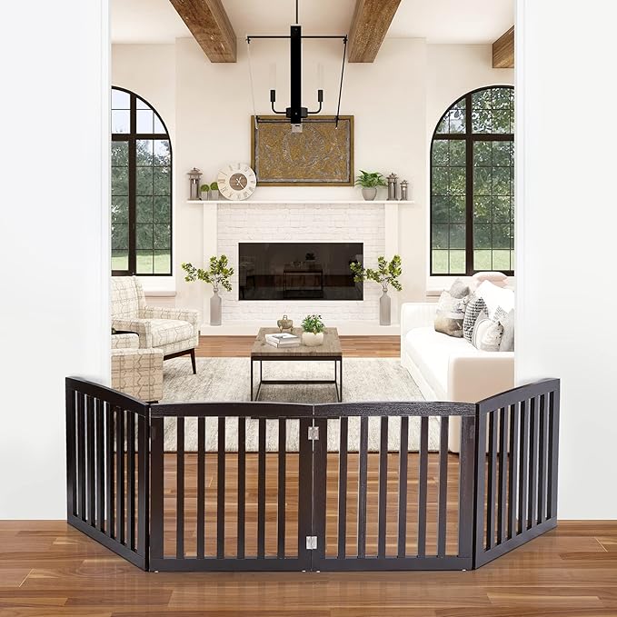 Dog Gate Pet Gate Indoor for Stairs Doorways 82x24 Inch 4 Panels Dog Fence Extra Wide Wooden Black