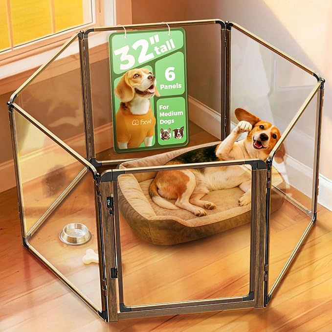FXW AuraSpace Pro Acrylic Indoor Dog Playpen, Heavy-Duty with Metal Frame, 32" Height 6 Panels for Small and Medium Dogs, Walnut│Patented