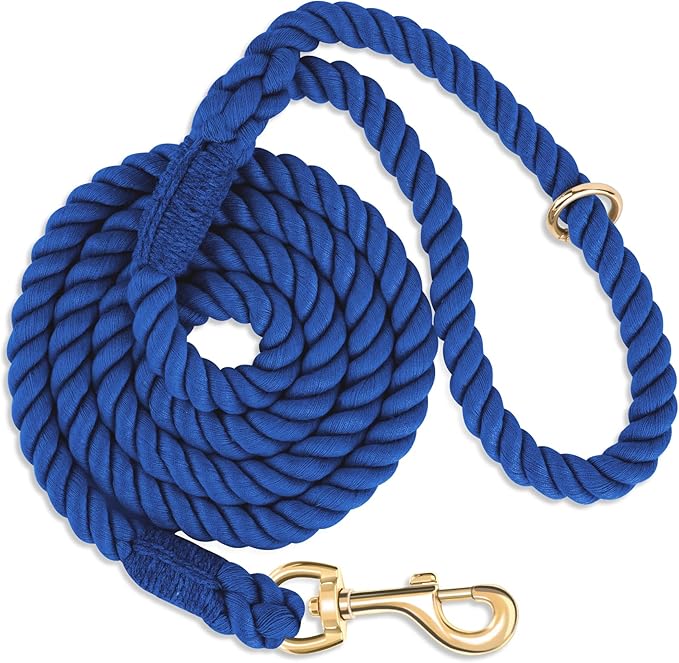 Dog Leash 6 FT Handmade Braided Cotton Rope Leashes for Small Medium and Large Dogs, New Golden Heavy Duty Metal Clasp, Navy Blue