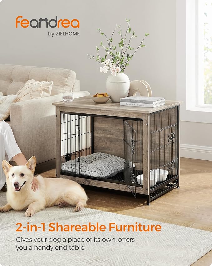 Feandrea 32.5" Dog Crate Furniture, Indoor Dog Cage Side End Table, L Pet Wood Kennel for Large and Medium Dogs up to 45 lb with Multi-Purpose Removable Tray, Double-Door Pet House, Greige