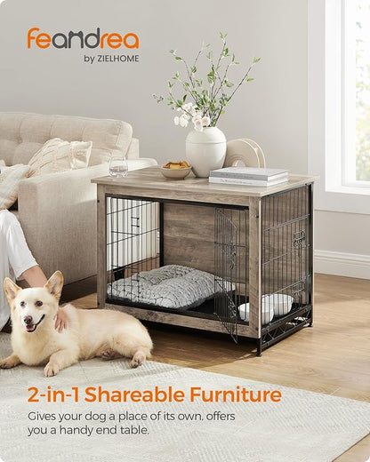 Feandrea 32.5" Dog Crate Furniture, Indoor Dog Cage Side End Table, L Pet Wood Kennel for Large and Medium Dogs up to 45 lb with Multi-Purpose Removable Tray, Double-Door Pet House, Greige