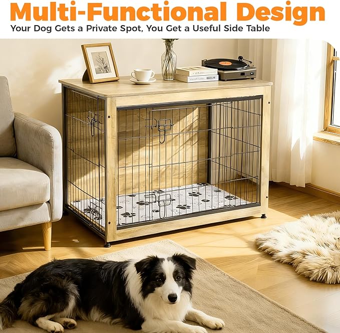 SHAWKEN Wooden & Metal Large Dog Crate Furniture Indoor with Soft Cushion, Double-Door Dog House, 37.4" L Dog Kennel (Oak Grey, Large)
