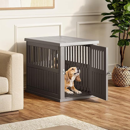 Fancyango 30-Inch Heavy Duty Dog Crate Furniture Lockable Indoor Outdoor Kennel & End Table for Small/Medium Dogs Decorative Plastic Pet Cage in Grey
