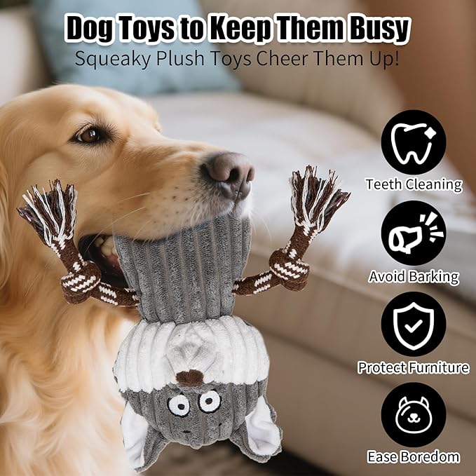 5 pack Large dog Squeaky Toys,Tough Stuffed Plush dog chew Toys Assortment ,Durable plush Animal dog Toys with Tug of War Rope to Keep Them Busy, Puppy Toys Value Bundle for Small Medium Large Dogs