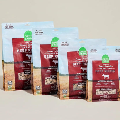 Open Farm, Freeze Dried Raw Dog Food, Morsels with 95% Meat, Organs & Bone, Organic Produce & Superfoods, Complete Meal or Freeze Dried Dog Food Topper, Grass-Fed Beef Recipe, 22oz Bag