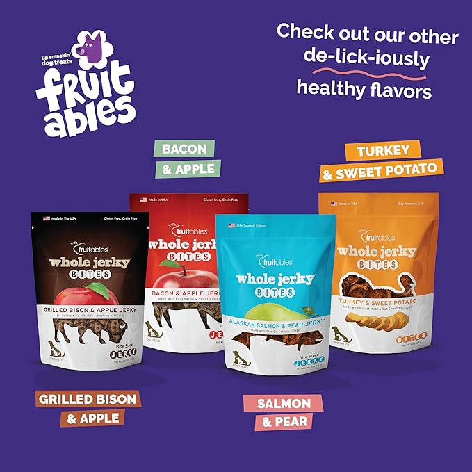 Fruitables Whole Jerky Bites, Healthy Dog Treats, Puppy Essentials, Jerky Dog Treats, Made in the USA, No Artificial Ingredients, Alaskan Salmon & Pear Flavor, 5oz (Pack of 2)