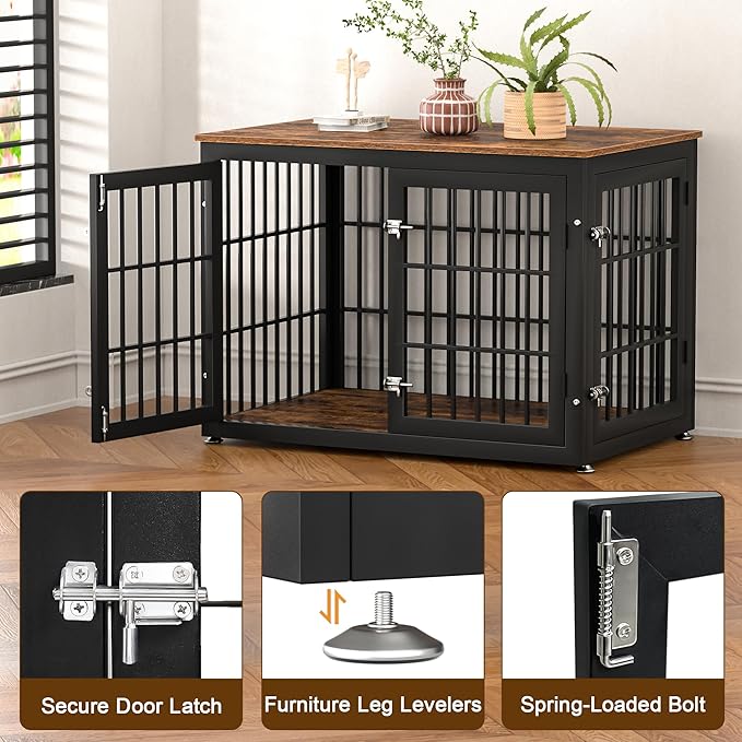 rehomerance 38 Inch Heavy Duty Dog Crate Furniture for Large and Medium Dogs, Decorative Pet House End Table, Wooden Cage Kennel Furniture Indoor, Rustic Brown