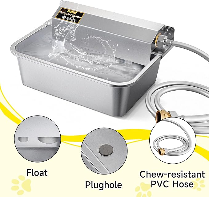 Automatic Water Dispenser for Dogs, 2 Gallon 304 Stainless Steel Large Dog Water Bowl Dispenser for Indoor/Outdoor, Pets & Livestock Self-Filling Waterer, Fits GHT 3/4" Faucet, Easy to Clean